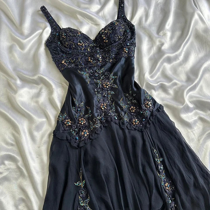 Marineblaues, dunkles, kurzes Vintage-Satin-Heimkehrkleid, nv5352