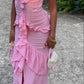 Rosa, gerüschtes Chiffon-elegantes langes Spaghettiträger-Ballkleid für Hochzeitsgäste, NV5202