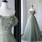 Green elegant A-line off-shoulder long tulle ball gown evening dress graduation dress coming of age ceremony dress nv1413