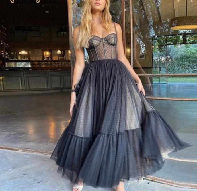 Black Fashion Sweetheart Neck Spotted Midi Tulle Ball Gown Evening Dress Party Dress nv3034