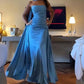 Blue Strapless Pleated A-Line Satin Long Ball Gown Party Dress Evening Gown nv2337