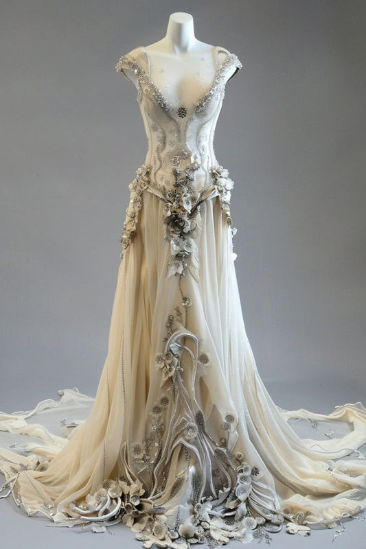 Elfenbeinweiß Vintage Exquisites Blumenmuster V-Ausschnitt Lange Tüllperlen Elegantes bodenlanges Ballkleid Abendkleid Brautkleid nv3756