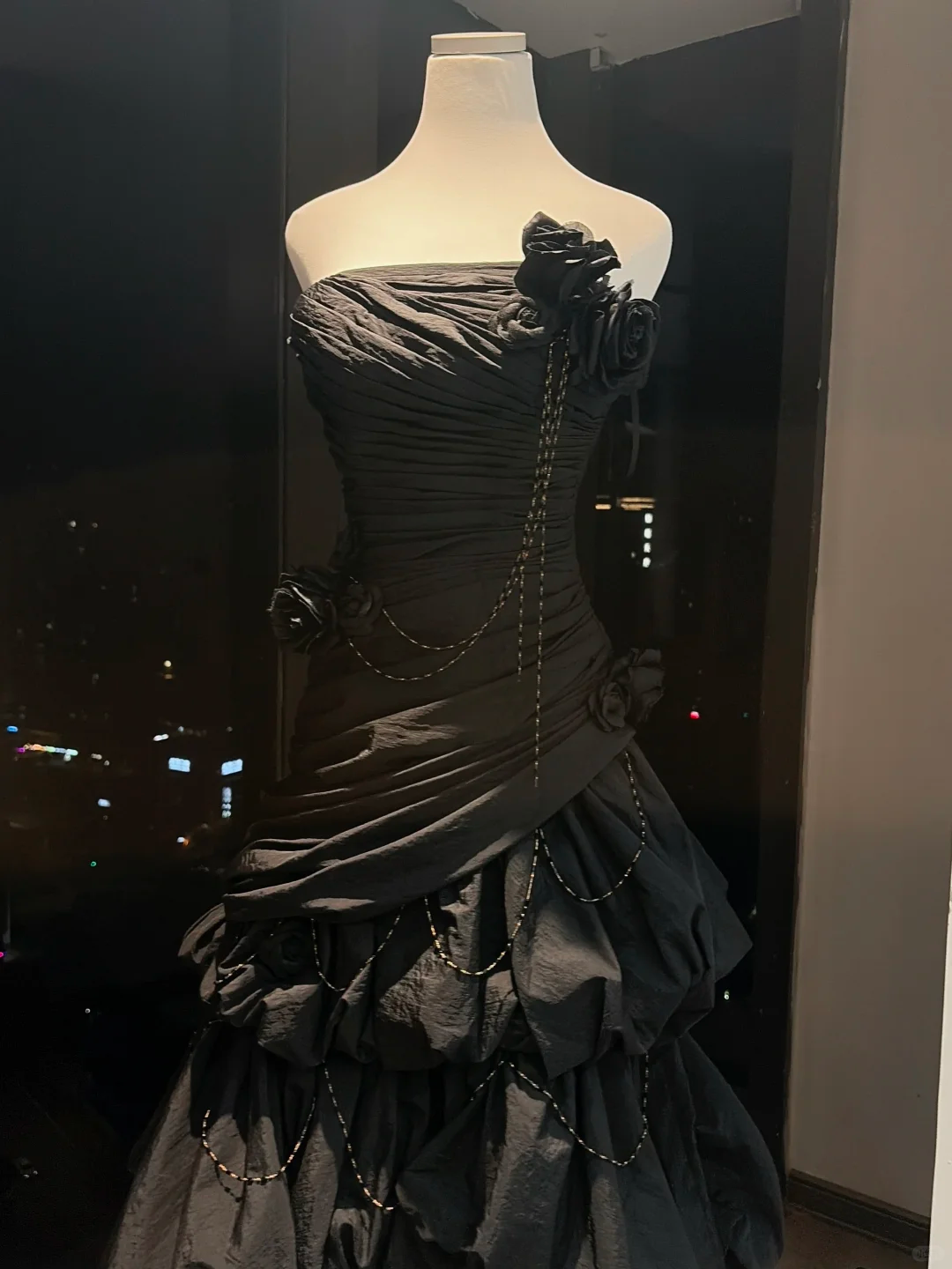Black Strapless Vintage Formal Gown Ruched 3D Rose Bubble Tiered Long Train Evening Dress  NV6964