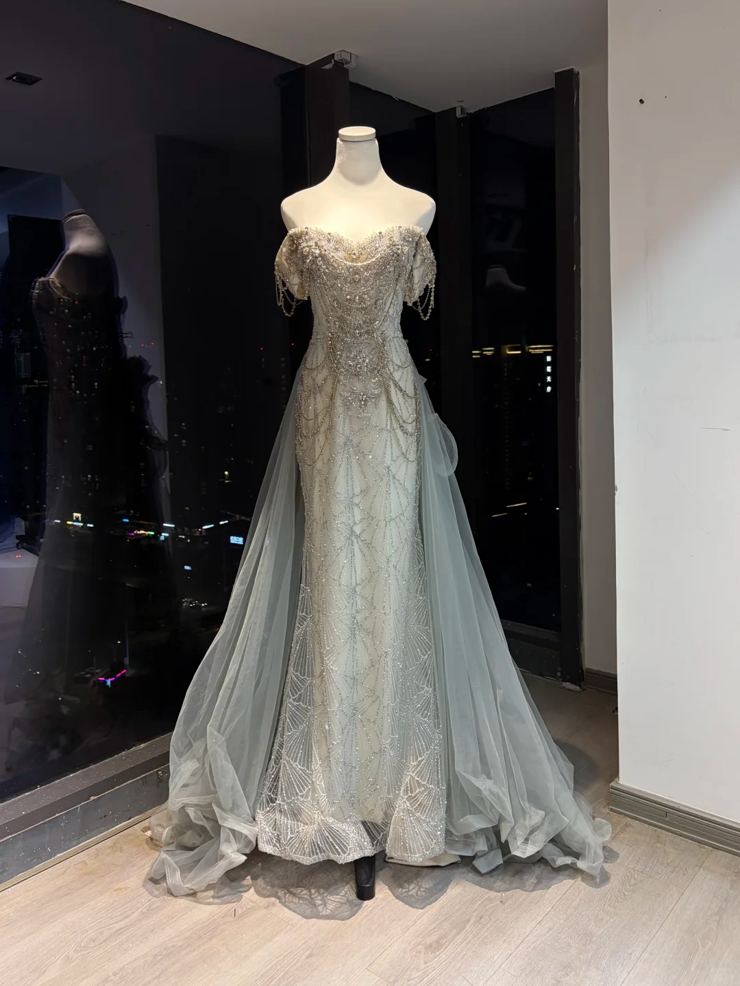 Light Grey Blue Off Shoulder Long Mermaid Formal Gown Heavy Beaded Rhinestone Tulle Train Evening Dress  NV6961