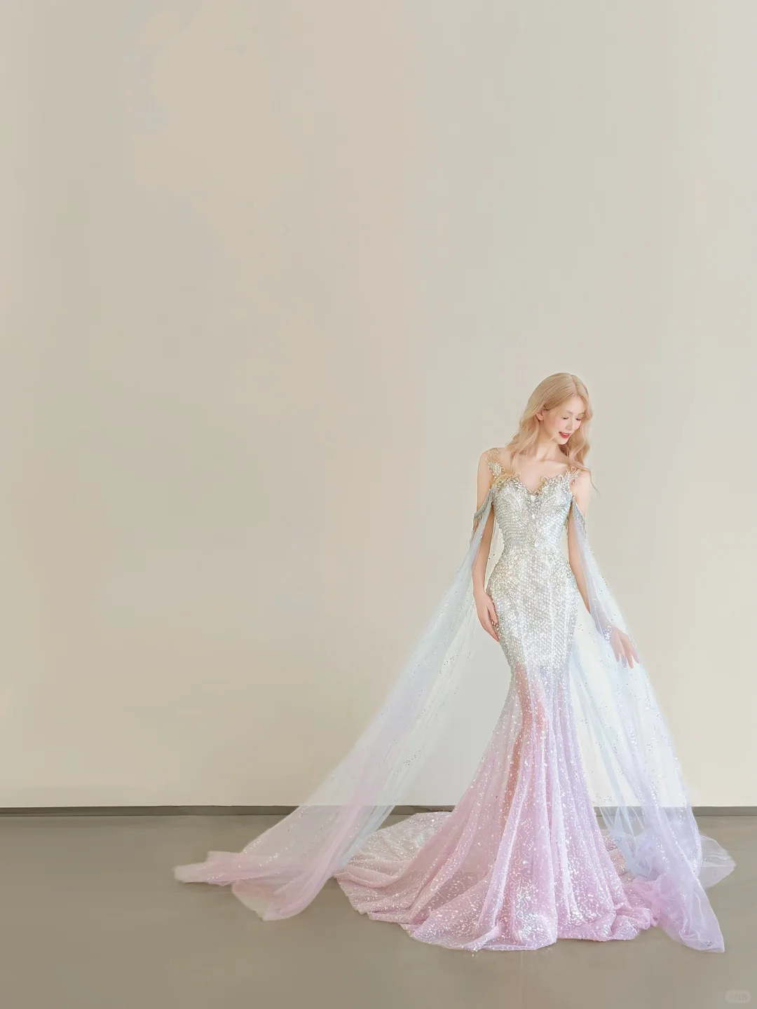 Ombre Pink Blue Sparkle Mermaid Prom Gown Off Shoulder Beaded Tulle Cape  NV7175