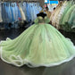 Green shiny applique elegant short sleeve long tulle ball gown evening dress Quinceanera dress nv3273