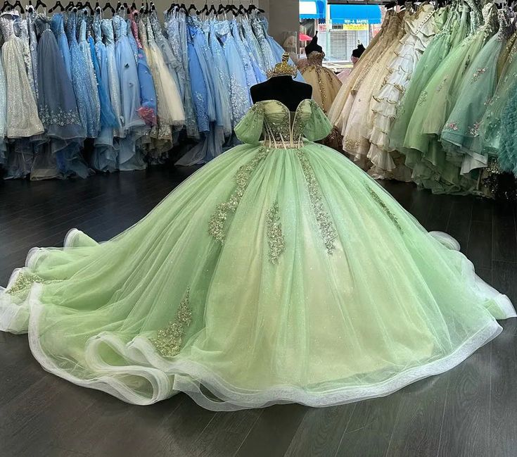 Green shiny applique elegant short sleeve long tulle ball gown evening dress Quinceanera dress nv3273