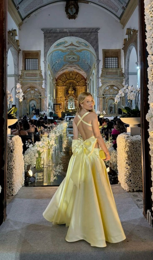 Robe de soirée élégante jaune à dos nu et taille licou, longue, avec nœud, robe de bal, robe de soirée, nv4682