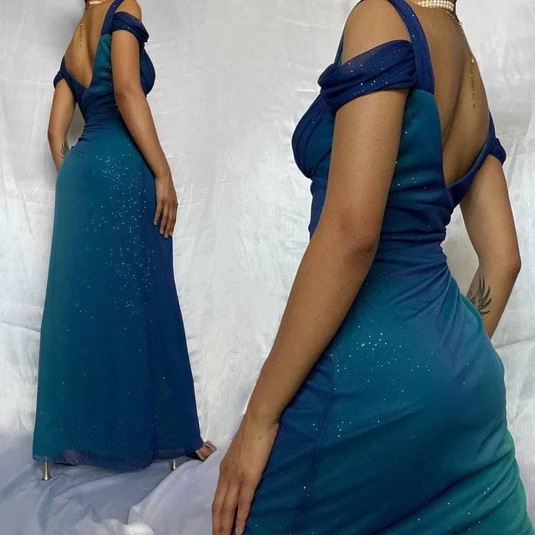 Robe de soirée élégante en mousseline de soie, longue, brillante, dégradé de mode, bretelles spaghetti, élégante, robe de bal, robe de soirée, nv3682