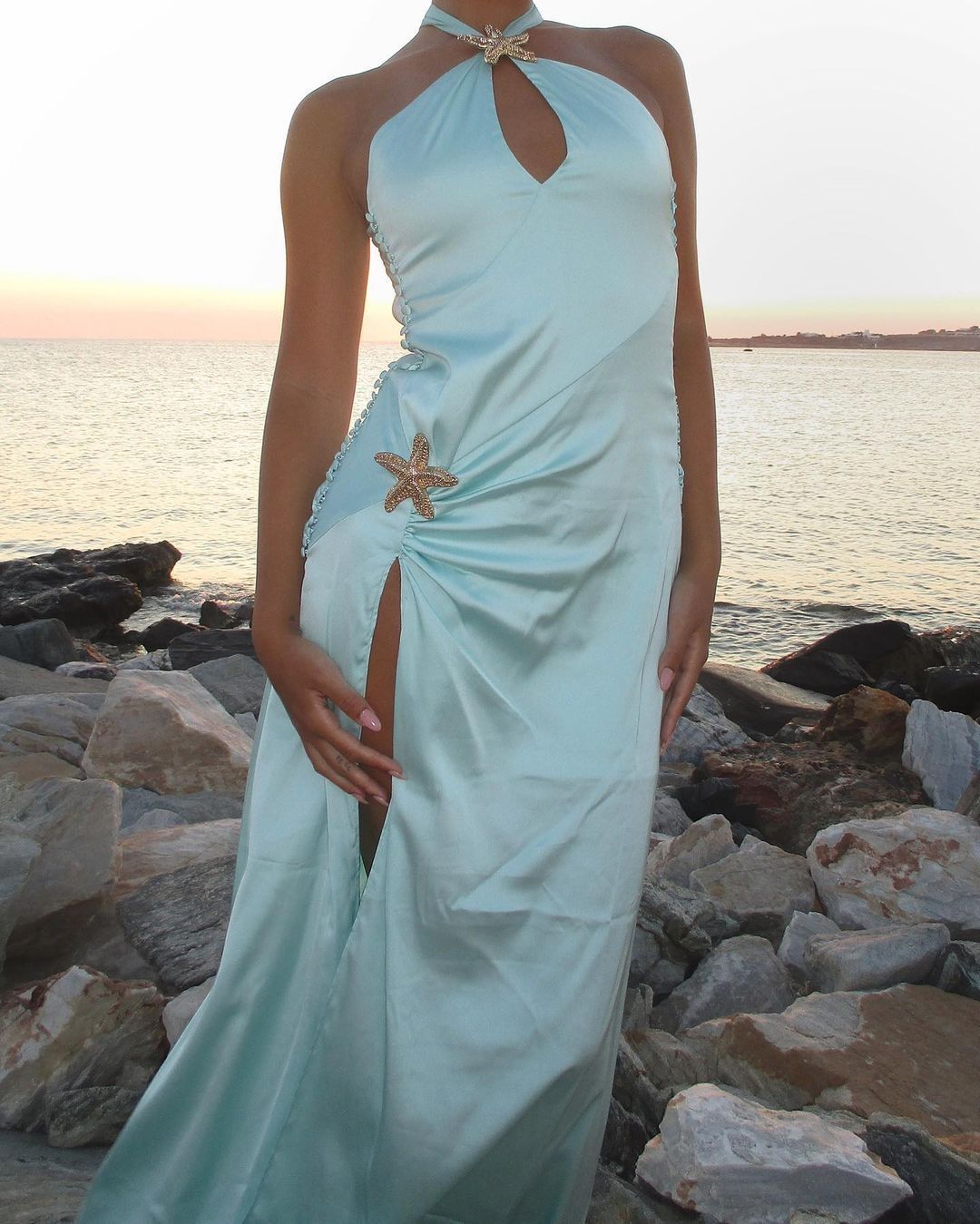 Blue Ocean Goddess Satin Langes Ballkleid Abendkleid Partykleid nv4763