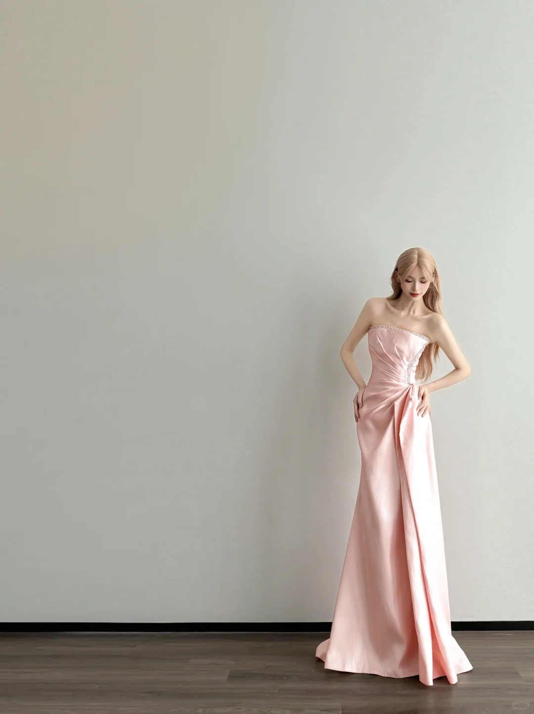 Blush Pink Strapless Prom Gown Satin Ruched Side Drape Mermaid Long Evening Dress  NV7159