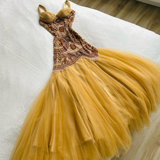 Robe de soirée longue en mousseline de soie et tulle, magnifique robe de soirée jaune, nv4608