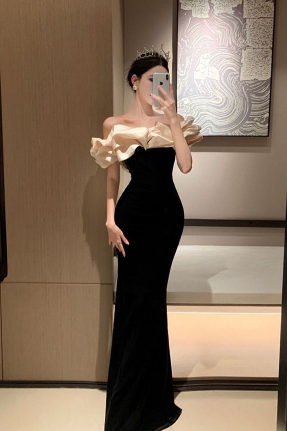 Black velvet off-the-shoulder ruffled neckline long mermaid slim elegant ball gown evening dress nv3180