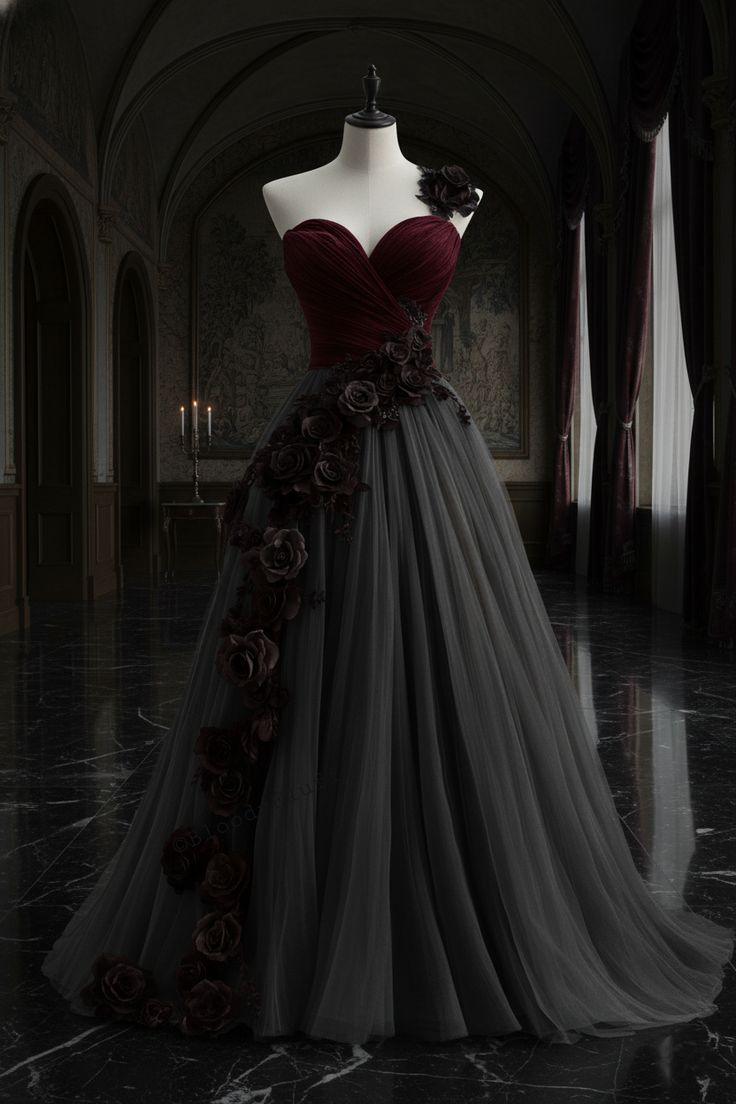 Robe longue sans manches en tulle bordeaux et gris | Robe de gala avec traîne rose 3D style sombre NV6302