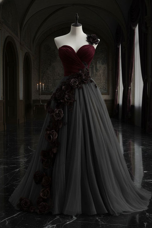 Robe longue sans manches en tulle bordeaux et gris | Robe de gala avec traîne rose 3D style sombre NV6302