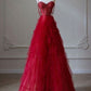 NiceVestidos – Rotes Tüllkleid mit Spaghettiträgern und Perlen, romantisches Bankettkleid mit mehrlagiger Schleppe, NV5758