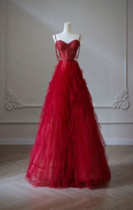 NiceVestidos – Rotes Tüllkleid mit Spaghettiträgern und Perlen, romantisches Bankettkleid mit mehrlagiger Schleppe, NV5758