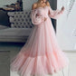 Pink Applique Ruffles Floor Length Long Sleeve A-Line Off Shoulder Long Tulle Elegant Ball Gown Evening Dress nv3217