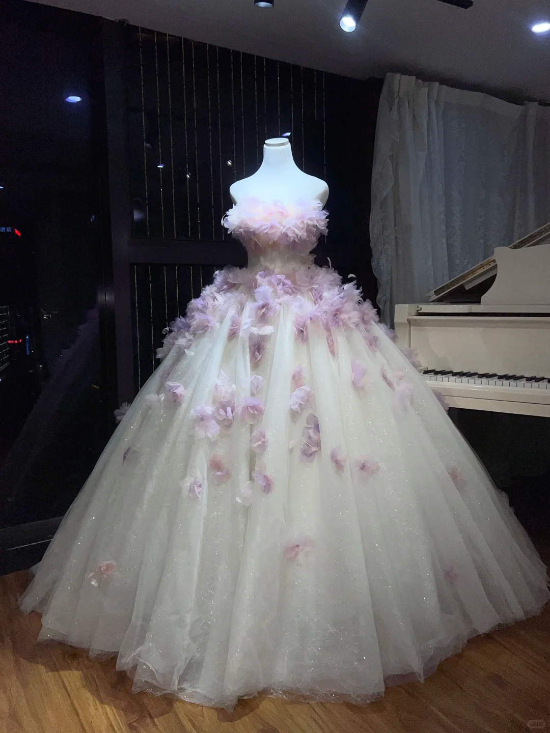 White Ombre Lavender Strapless Tulle Ball Gown, Corset Dress with 3D Gradient Floral Petals & Feather Trim  NV7097