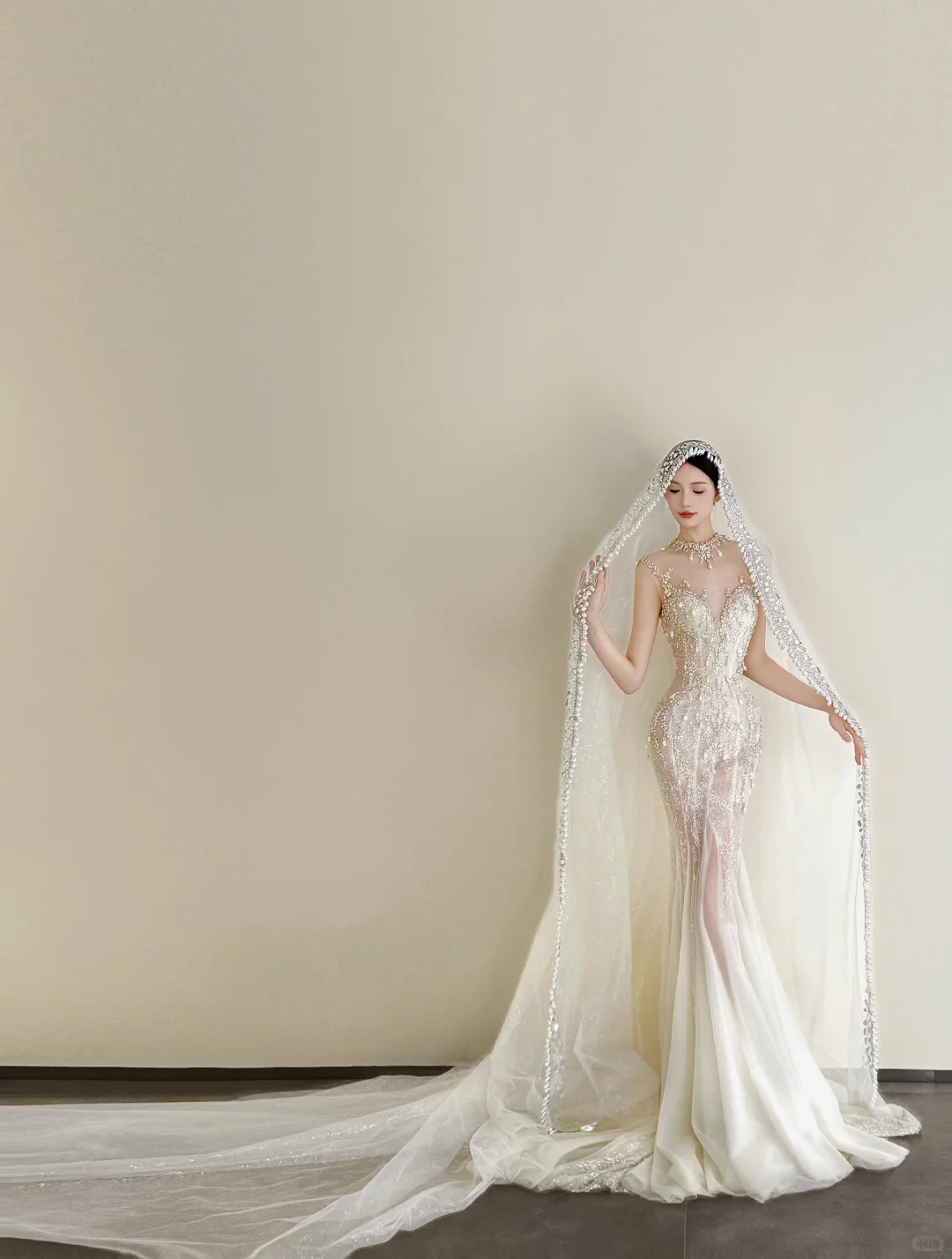 White Mermaid Beaded Sequin Wedding Dress Illusion V Neck High Slit Bridal Gown  NV7181