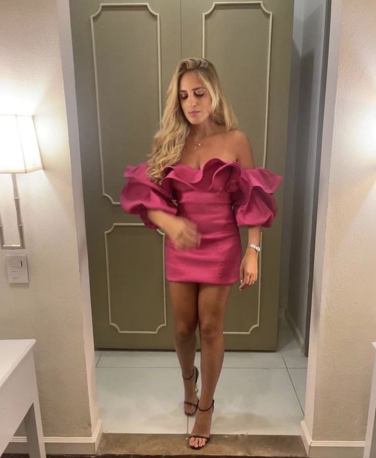 Robe de soirée courte élégante à volants et épaules dénudées, robe de bal, robe de soirée, robe de retour à la maison, rose, nv2477