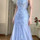 Robe de soirée longue en tulle bleu, élégante et raffinée, brodée, bretelles spaghetti, épaules dénudées, longueur au sol, robe de bal, robe de soirée, robe de soirée nv3716