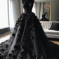 Black V-neck exquisite floral applique long tulle ball gown evening gown wedding dress nv3361