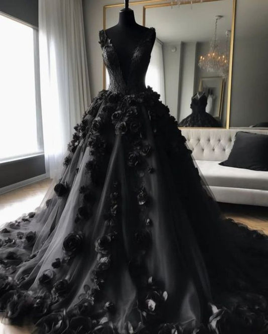 Black V-neck exquisite floral applique long tulle ball gown evening gown wedding dress nv3361