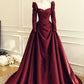 Robe de soirée élégante en satin rouge vintage à manches longues et longueur au sol, robe de bal, robe de soirée nv3547