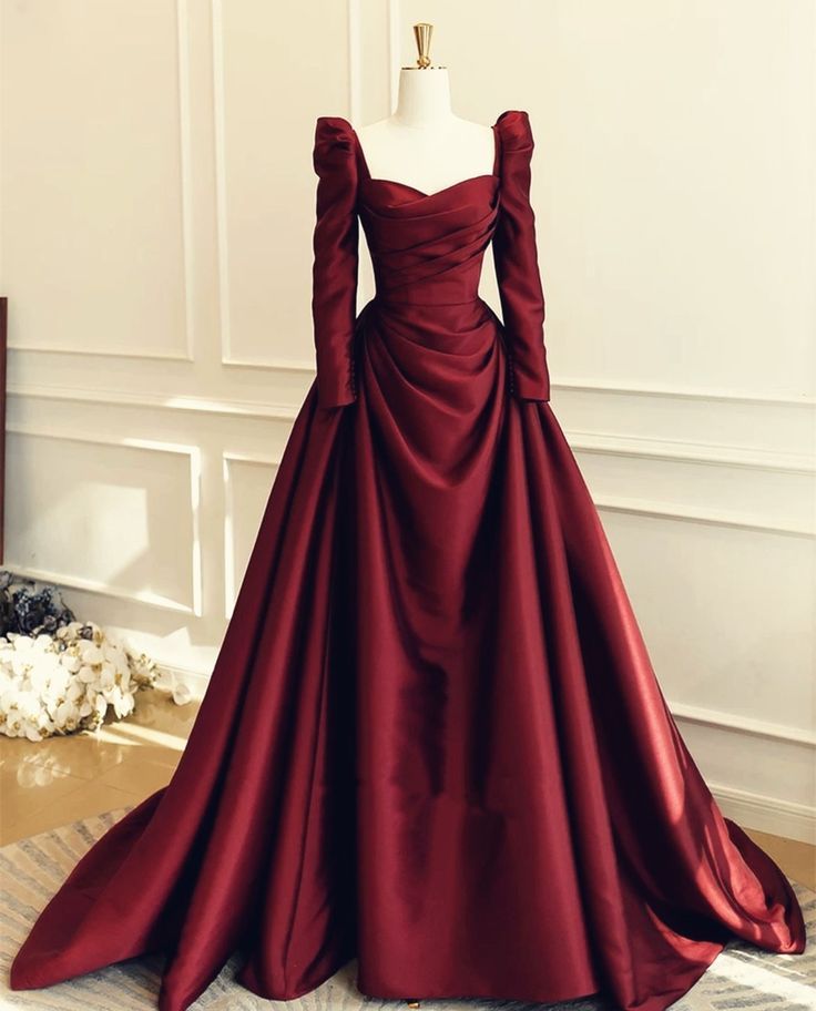Robe de soirée élégante en satin rouge vintage à manches longues et longueur au sol, robe de bal, robe de soirée nv3547
