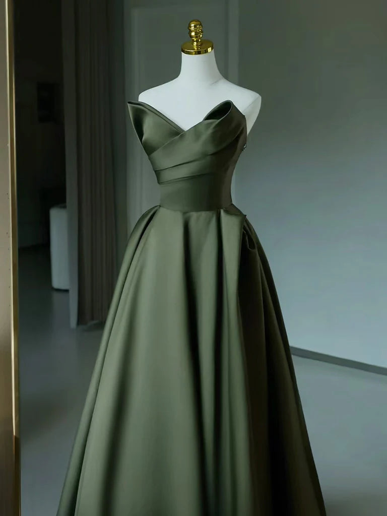 Robe de bal longue en satin vert à col en V et coupe trapèze, robe de soirée longue verte nv1604