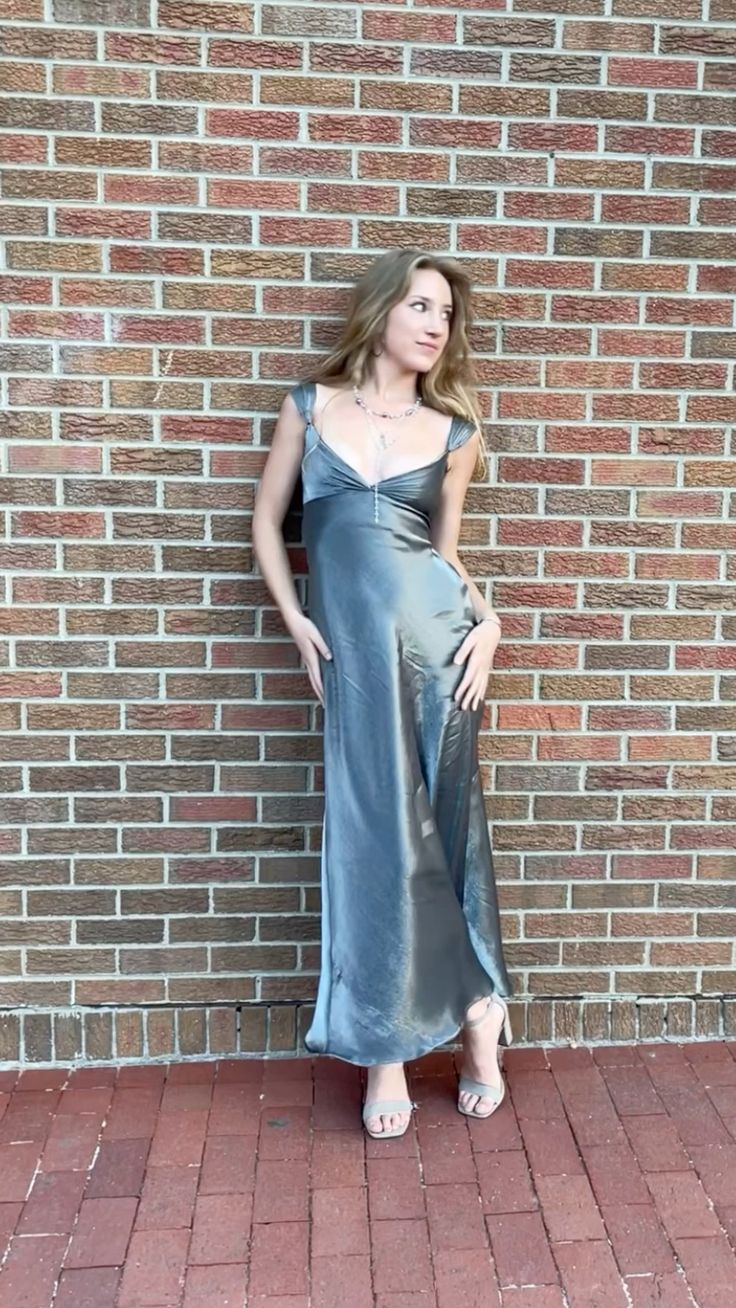 Silber Vintage Mode Elegante Lange Satin Formale Ballkleid Abendkleid Partykleid nv3646