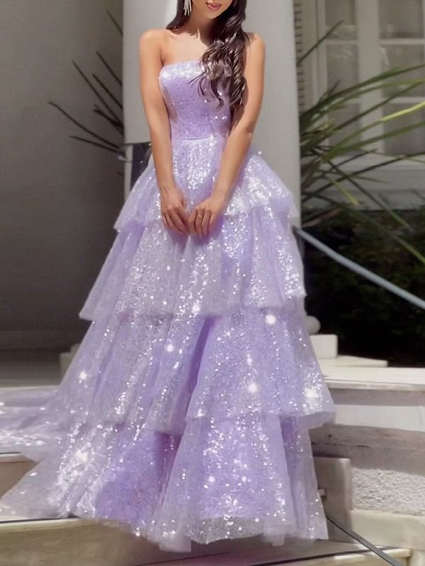 Light Purple Sparkling Tulle Sequin A-Line Long Tiered Ball Gown Evening Dress fall bridal shower outfit for guest nv2651