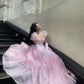 Pink Puff Sleeve Tulle Long Ball Gown Evening Dress Party Dress nv2702