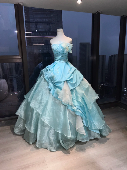 Ice Blue Strapless Princess Ball Gown Beaded Embroidery 3D Flower Ruched Satin Tiered Organza Long Evening Gown  NV7001