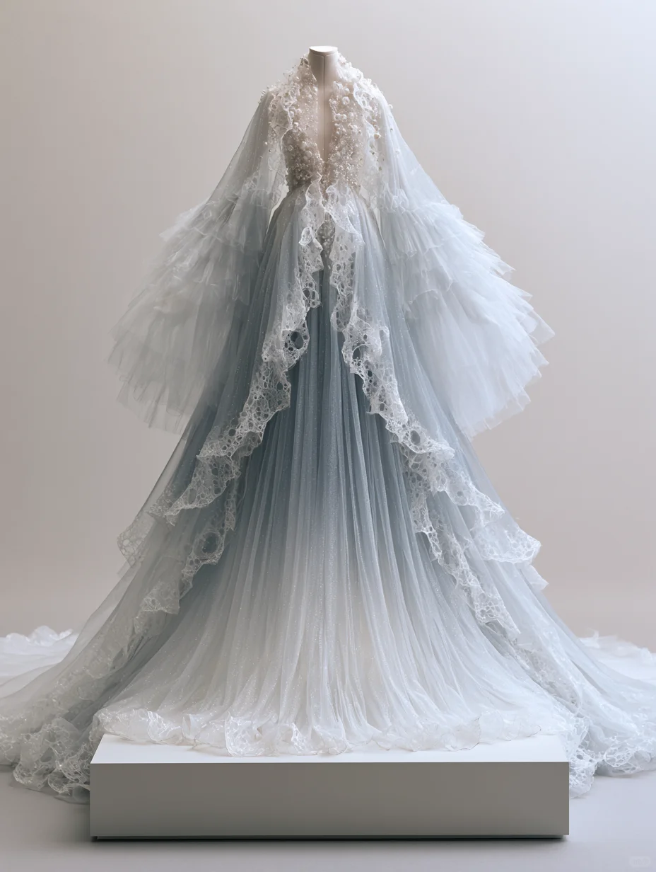 Light Blue White Gradient Wedding Ball Gown, Beaded Floral Detail, Long Ruffled Sleeves, Sparkle Tulle Train  NV7481