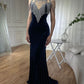 Navy Blue Velvet Chain Short Sleeve Long Ball Gown Evening Dress nv2710