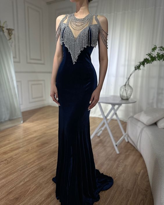 Navy Blue Velvet Chain Short Sleeve Long Ball Gown Evening Dress nv2710