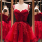 Robe courte en tulle à fines bretelles et application de dentelle rouge, idéale pour la rentrée scolaire ou une fête d'anniversaire (Nv4932)