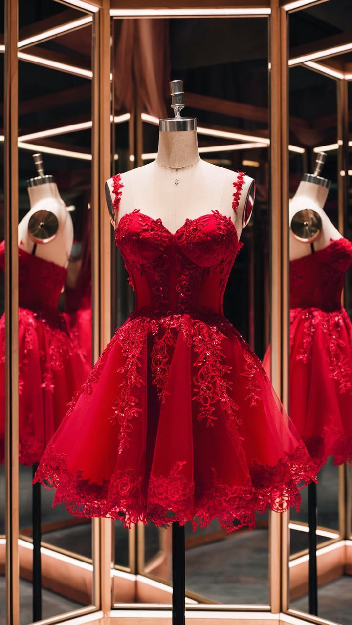 Robe courte en tulle à fines bretelles et application de dentelle rouge, idéale pour la rentrée scolaire ou une fête d'anniversaire (Nv4932)
