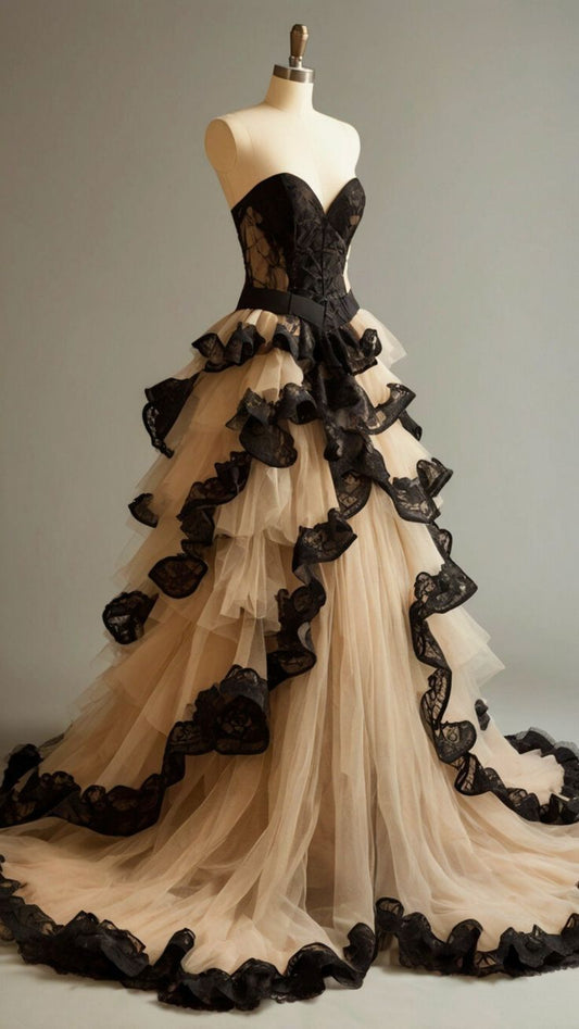 NiceVestidos-Nude-Black Paneled Lace Tulle Strapless Sleeveless Floor-Long Gothic Gown NV6204