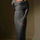 Champagner-gold/graues, mit Pailletten besetztes, langes, schulterfreies Ballkleid mit langen Ärmeln, Partykleid NV5295