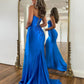 Robe de soirée longue sirène à col en cœur bleu, robe de soirée en satin bleu nv1520