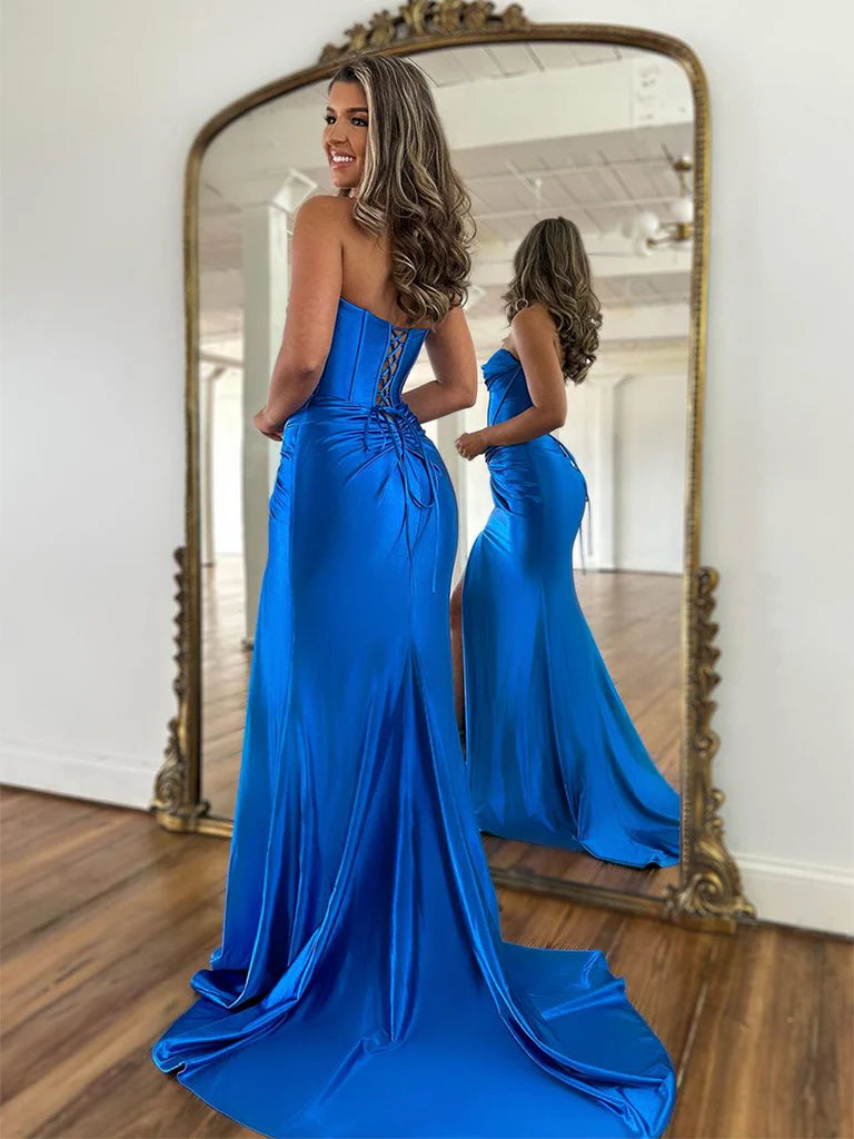 Robe de soirée longue sirène à col en cœur bleu, robe de soirée en satin bleu nv1520