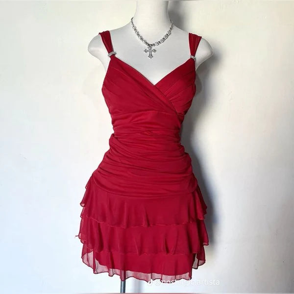 Rotes kurzes Chiffon-Rüschen-Heimkehrkleid Geburtstagspartykleid NV5298