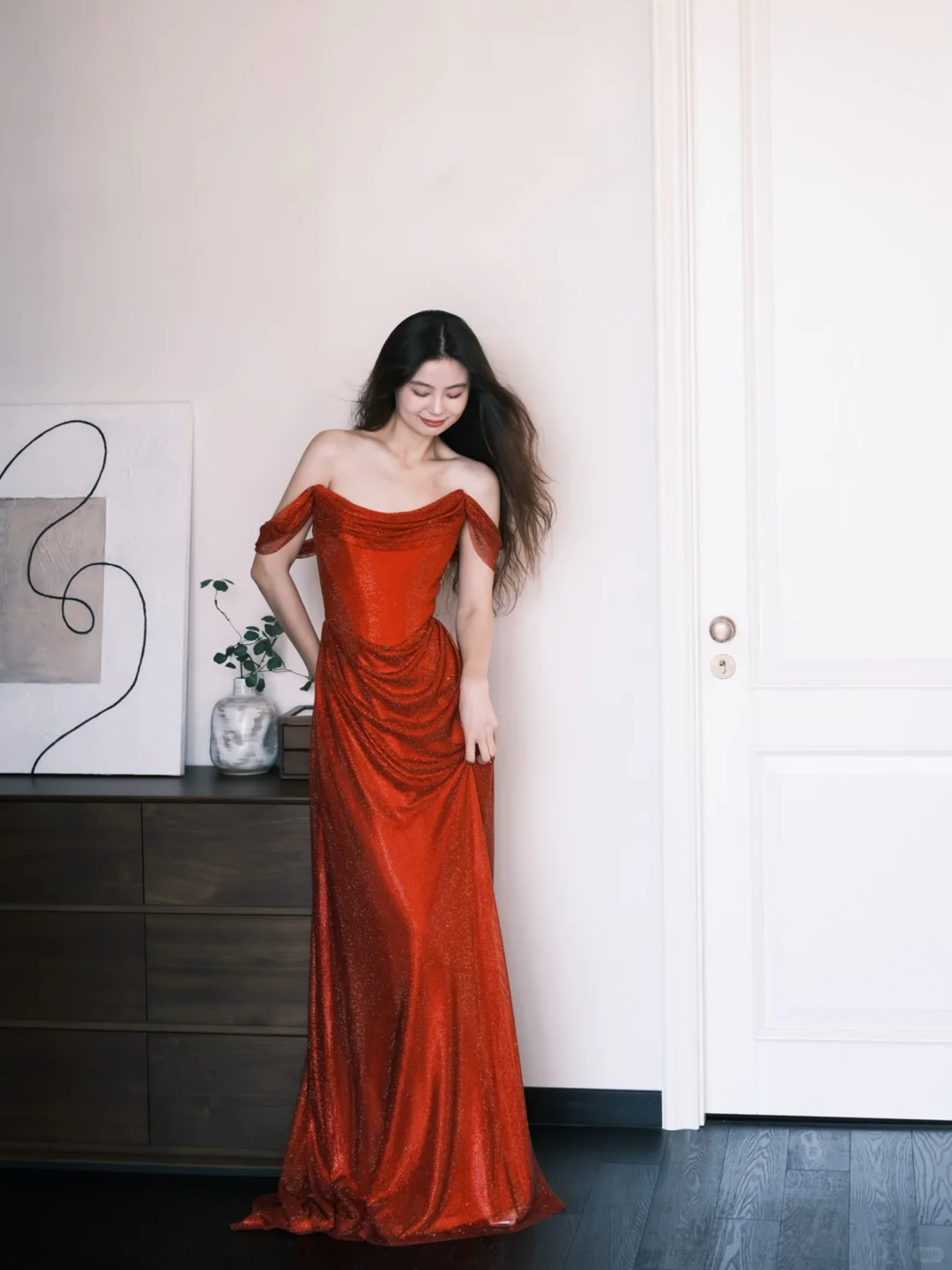 Off Shoulder Red Glitter Prom Dress, Draped Evening Gown  NV7342
