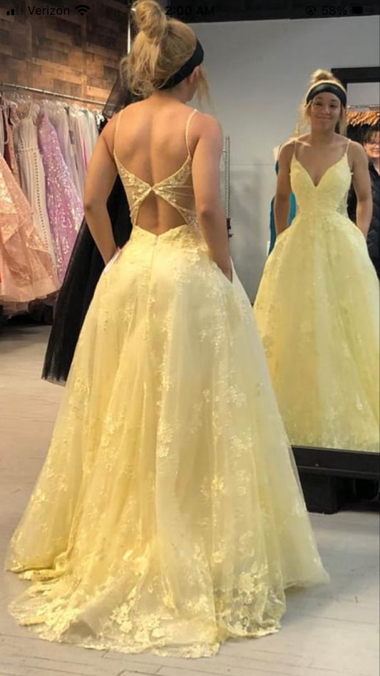 Robe de soirée longue en dentelle jaune élégante et raffinée, robe de bal, nv3522