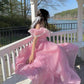 Pink Off-the-shoulder Ruffle Chiffon Lace A-line Sweet Long Prom Gown Party Dress nv2694