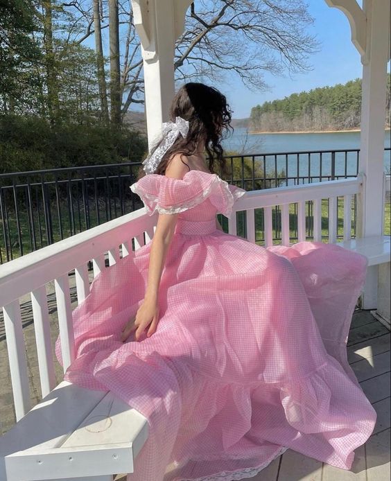 Pink Off-the-shoulder Ruffle Chiffon Lace A-line Sweet Long Prom Gown Party Dress nv2694