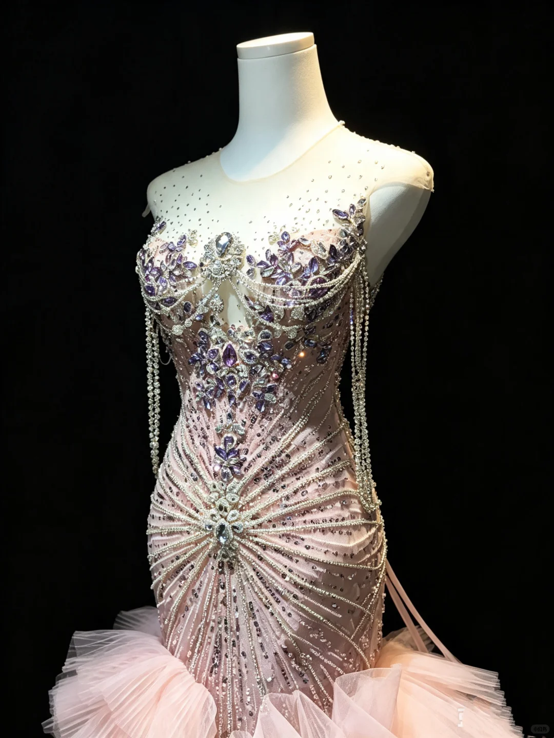 Sleeveless Dusty Pink Mermaid Prom Dress Rhinestone Beaded Tiered Ruffle Tulle Long Train Evening Gown  NV6988